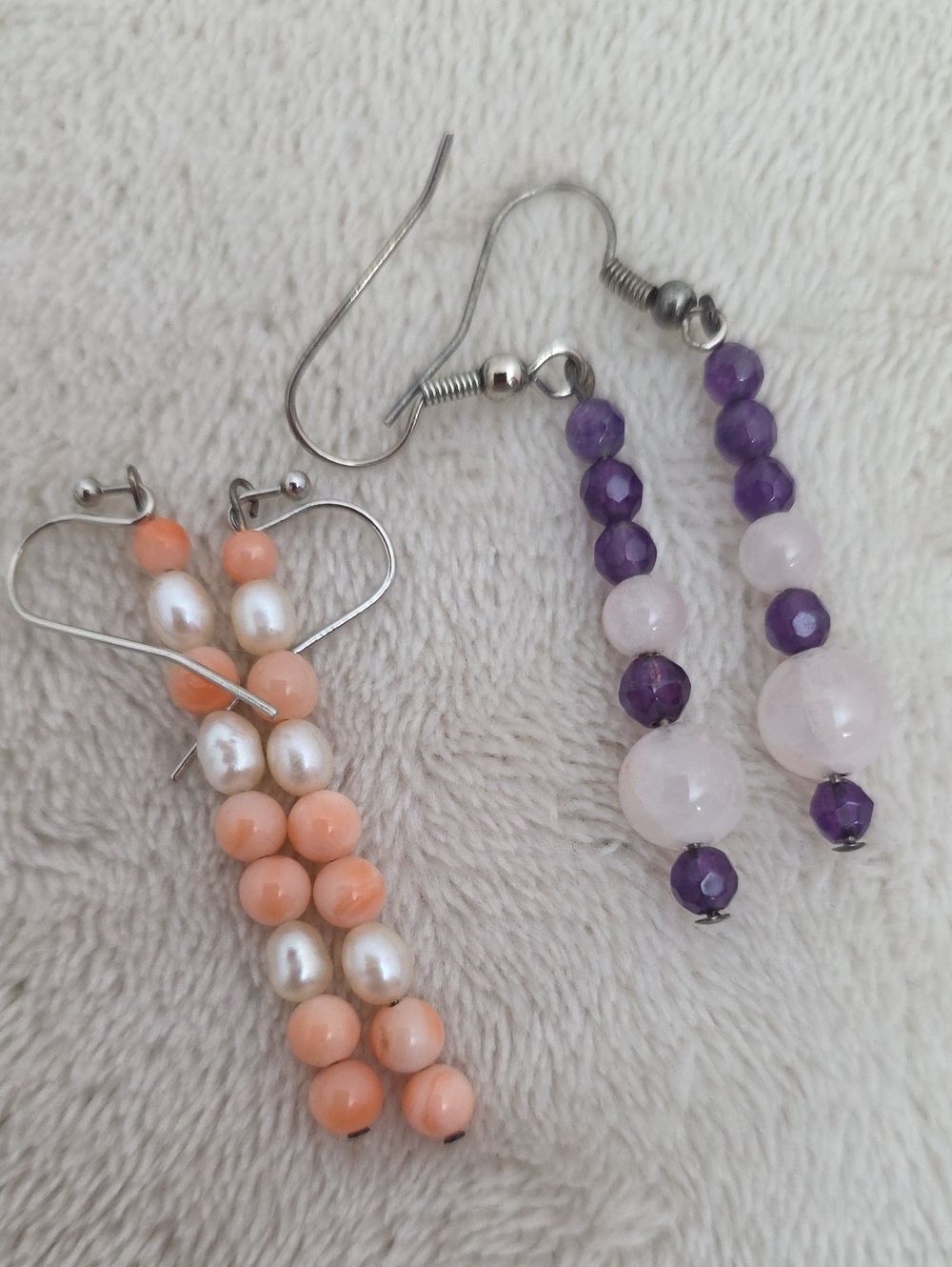 Handmade Beaded Dangle Earrings Bundle Pink White Purple Stone/Glass Look Set of